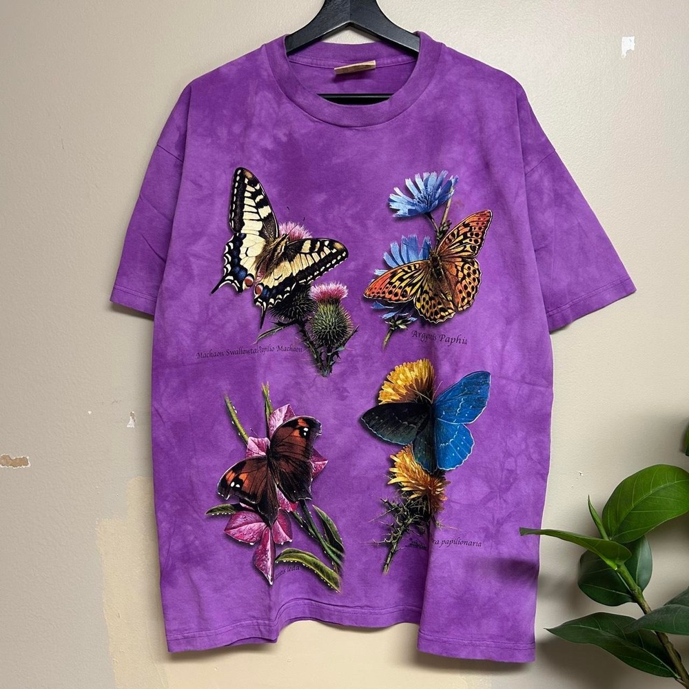 Vintage 90s The Mountain Butterflies Purple Nature Tie Dye Shirt Mens XL